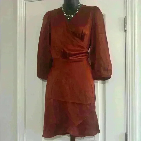 Secret Mission Rust Wrap Silk Mini Dress Long Sleeves Size Small - Picture 1 of 6